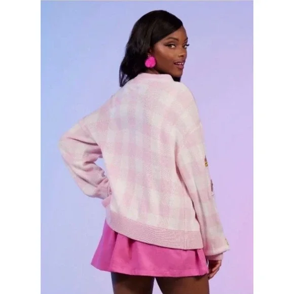 Barbie The Movie Pink Cardigan Sweater Size Small Gingham Heart Buttons - Picture 5 of 11